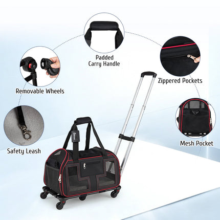 Rolling Pet Carrier with Wheels & Telescopic Handle, Red
