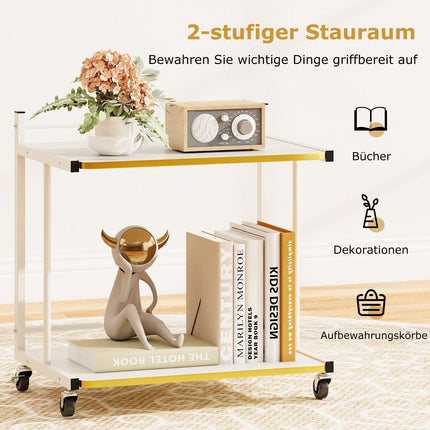 Rolling Side Table with 2 Shelves, C-Shaped, White