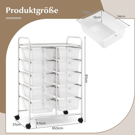 Pojízdný úložný vozík s 10 zásuvkami, aretovatelná kolečka
