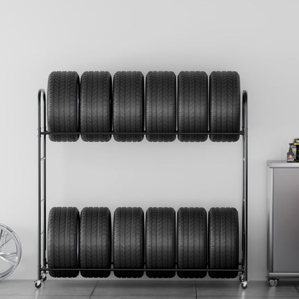Rolling Tire Storage Rack, 2-Shelf, Holds 12 Tires, Cover