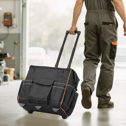 Rolling Tool Bag With Wheels, 110 lb, 25 Pockets