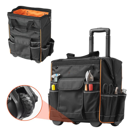 Rolling Tool Bag With Wheels, 110 lb, 25 Pockets