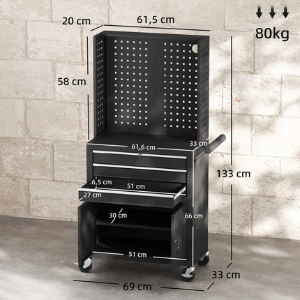 Rolling Tool Cabinet With Pegboard, 3 Drawers, Black