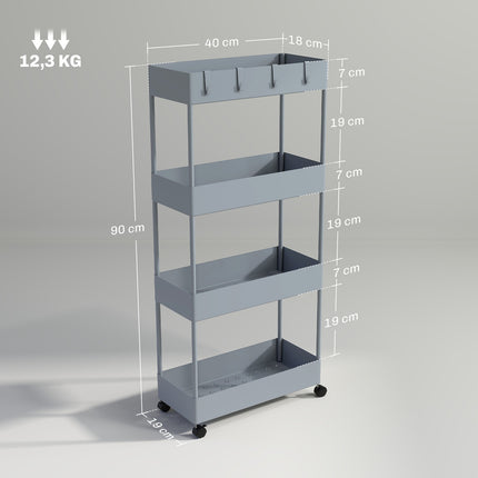 4patrový kuchyňský úložný vozík na kolečkách, plast, šedý