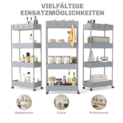 4patrový kuchyňský úložný vozík na kolečkách, plast, šedý
