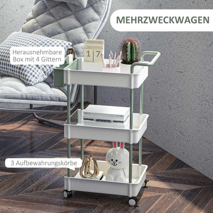 3patrový pojízdný kuchyňský vozík s košíkem, ocel – bílý