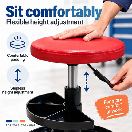 Rolling Workshop Stool with 2-Tier Tool Storage, 42–56 cm, Max 120 kg, Black