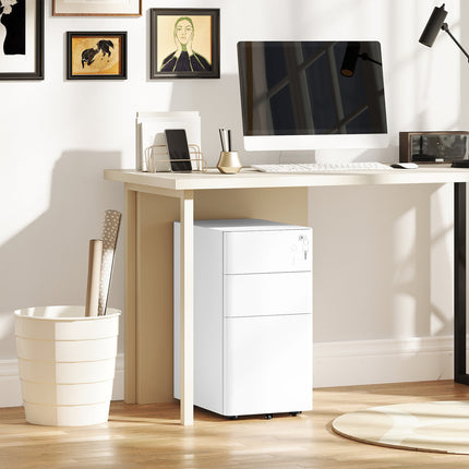 White mobile filing cabinet in steel with 3 lockable drawers
