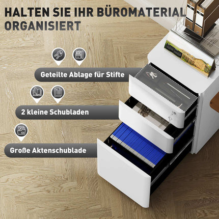 White mobile filing cabinet in steel with 3 lockable drawers