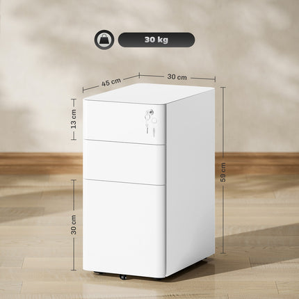 White mobile filing cabinet in steel with 3 lockable drawers