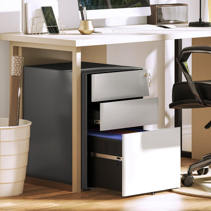 Lockable rolling filing cabinet, 3 drawers, steel, white/grey