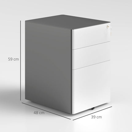 Lockable rolling filing cabinet, 3 drawers, steel, white/grey