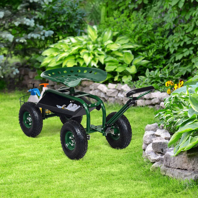 Rolling seat with wheels &amp; Extendable handle &amp; Basket 360° rotating garden cart garden seat 96.5 x 48.5 x 45.5-54.5 cm