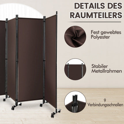 Paraván se 4 panely na kolečkách, výška 173 cm, pojízdná zástěna, hnědý
