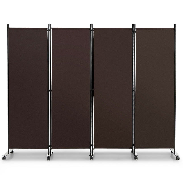 Paraván se 4 panely na kolečkách, výška 173 cm, pojízdná zástěna, hnědý