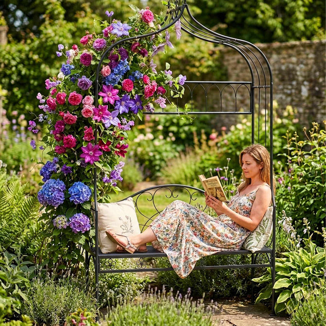 Rose Arch With Bench – Black Metal Garden Trellis