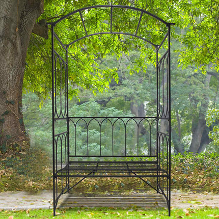 Černá kovová lavička s obloukem pro růže - zahradní treláž, 115x50x203 cm
