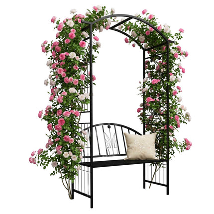 Růžový oblouk s lavičkou, kovová zahradní pergola, černá