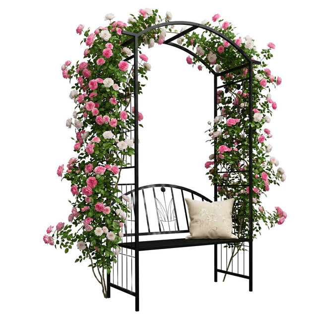 Rose Trellis Arch With Bench, Black Metal Garden Arbor