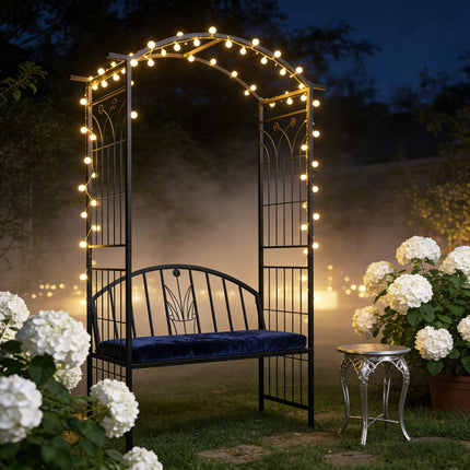 Růžový oblouk s lavičkou, kovová zahradní pergola, černá