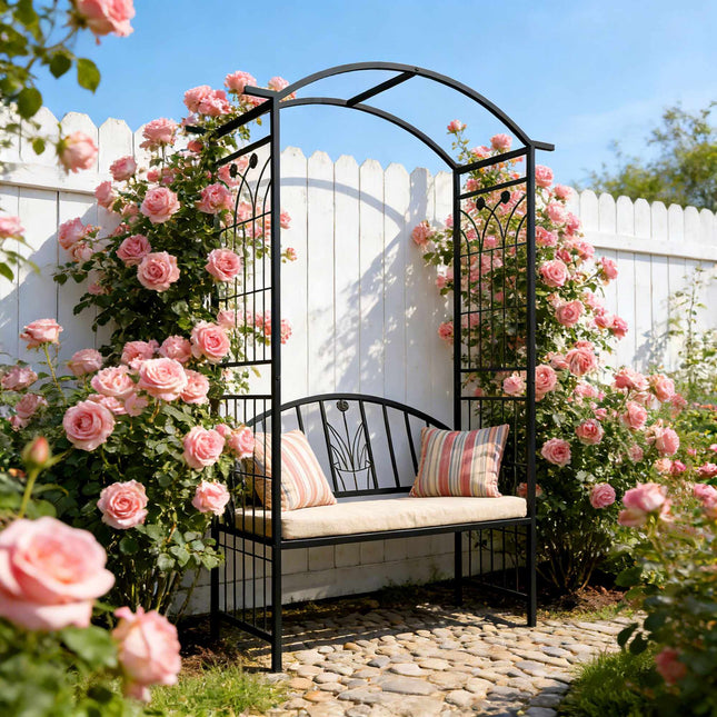 Rose Trellis Arch With Bench, Black Metal Garden Arbor