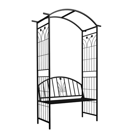 Růžový oblouk s lavičkou, kovová zahradní pergola, černá