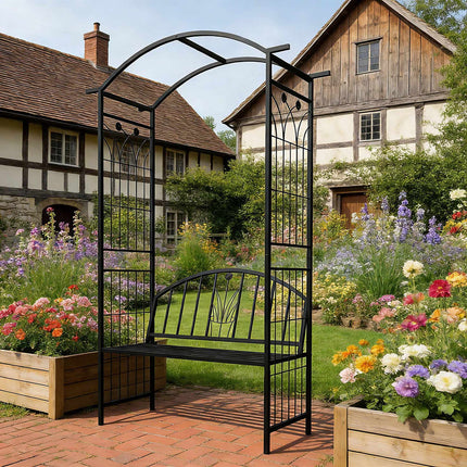 Růžový oblouk s lavičkou, kovová zahradní pergola, černá