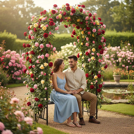 Rose Trellis Bench – Black Metal Arch for Climbers