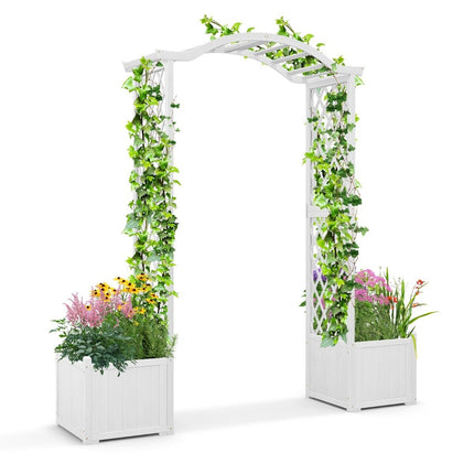 Dřevěný růžový oblouk 2 v 1 s truhlíkem, moderní zahradní pergola 183 x 42 x 200 cm, bílá