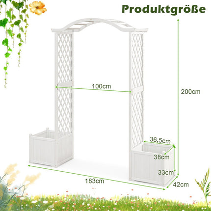 Dřevěný růžový oblouk 2 v 1 s truhlíkem, moderní zahradní pergola 183 x 42 x 200 cm, bílá