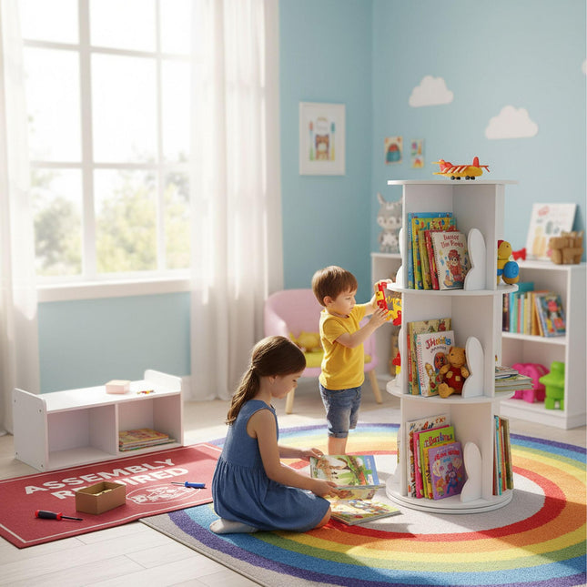 Draaibare kinderboekenkast, wit, met konijnenoortjes-design