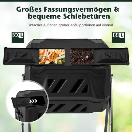 Otočný dvoukomorový kompostér, 160 l, černá