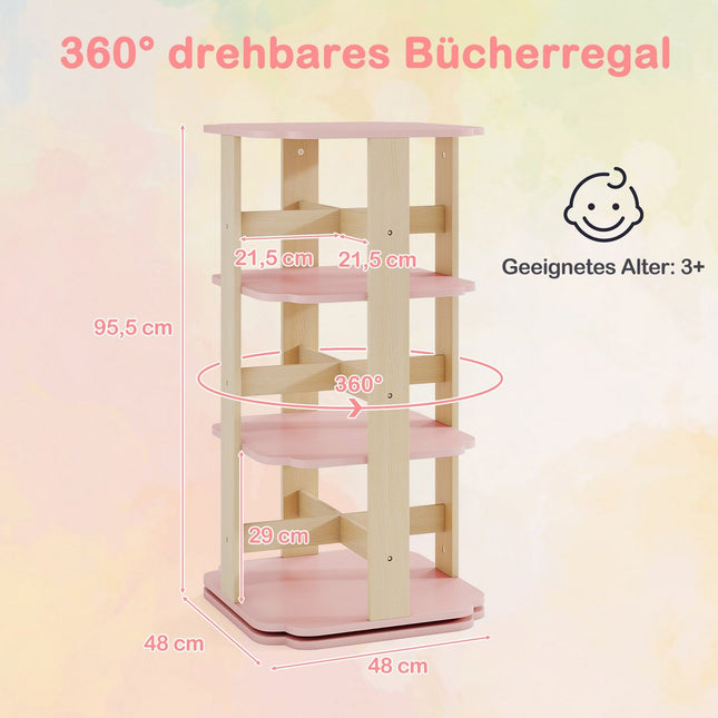 Draaibare kinderboekenplank, 3-laags, 12 compartimenten, roze