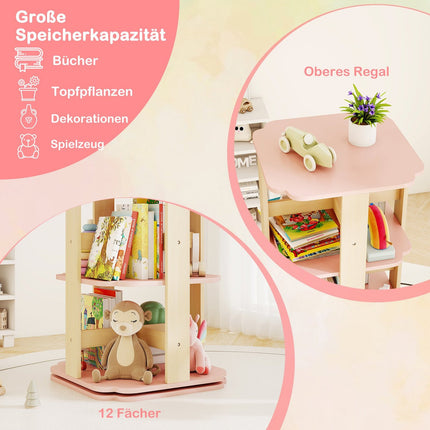 Otočná dětská knihovna, 3patrová, 12 přihrádek, růžová