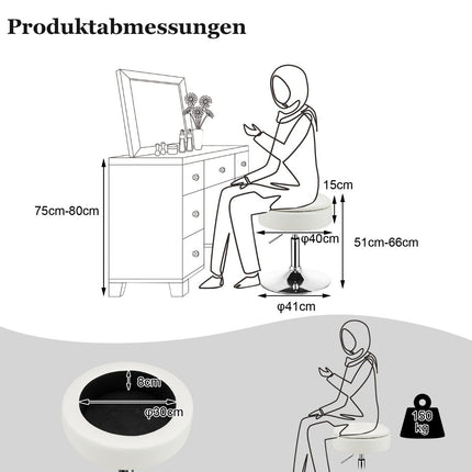 Otočná kosmetická stolička s úložným prostorem, nastavitelná výška, bílá