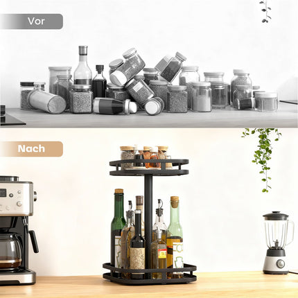 Rotating Spice Rack, 2-Tier, Metal, Black, Suction Feet