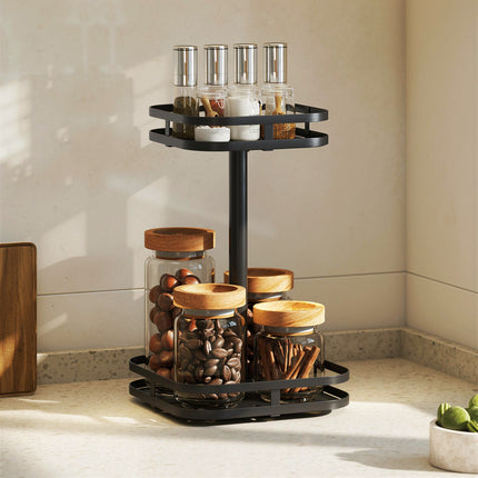 Rotating Spice Rack, 2-Tier, Metal, Black, Suction Feet
