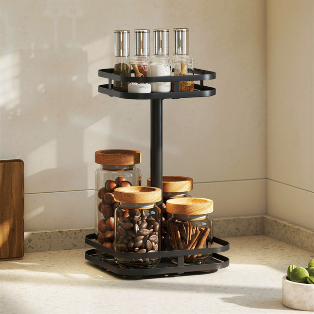 Rotating Spice Rack, 2-Tier, Metal, Black, Suction Feet