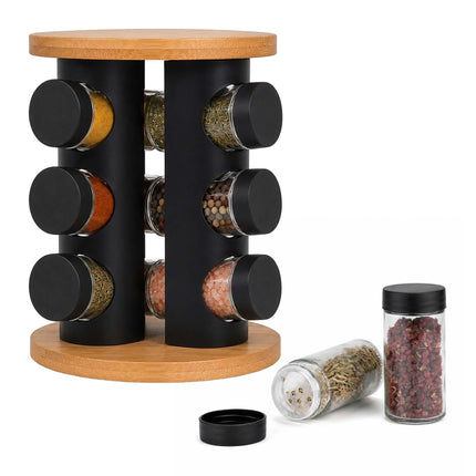 Rotating Spice Rack with 12 Glass Jars and Shaker Inserts, Bamboo, Black