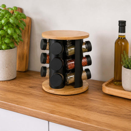 Rotating Spice Rack with 16 Glass Jars and Shaker Inserts, Bamboo, Black