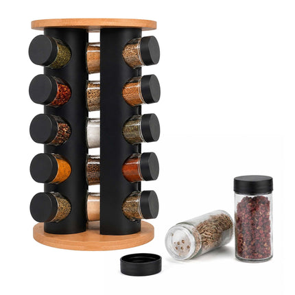 Rotating Spice Rack with 20 Glass Jars and Shaker Inserts, Bamboo, Black
