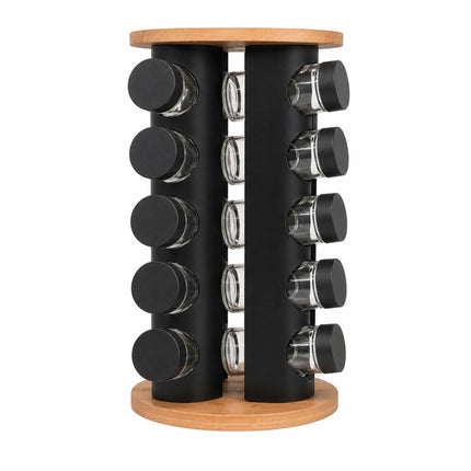 Rotating Spice Rack with 20 Glass Jars and Shaker Inserts, Bamboo, Black