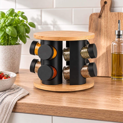 Rotating Spice Rack with 20 Glass Jars and Shaker Inserts, Bamboo, Black