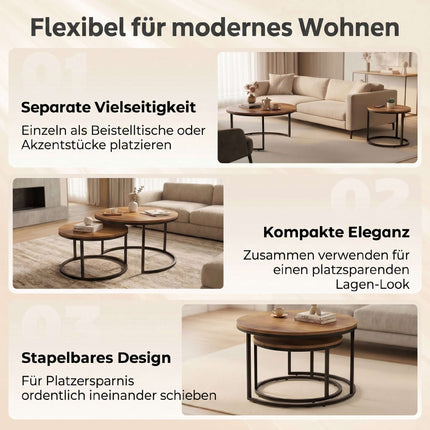 2-teiliges Couchtisch-Set, rund, Metallgestell, Braun