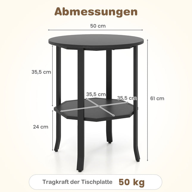 Ronde bijzettafel met twee niveaus en een plank, zwart metaal