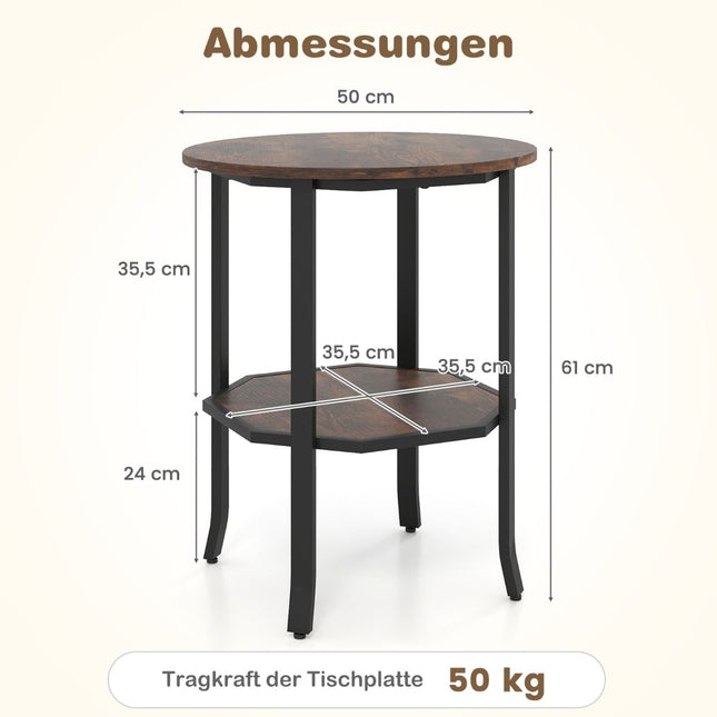 Ronde bijzettafel met twee niveaus en een plank, rustiek bruin
