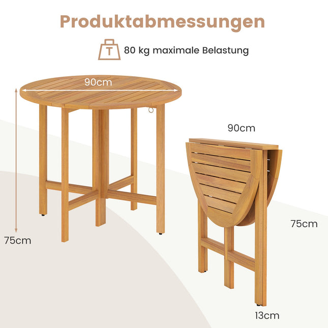 Ronde, opklapbare eettafel van acaciahout van 90 cm voor buiten.
