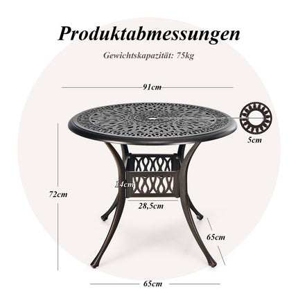 Round Aluminum Patio Table with Umbrella Hole, 90 cm