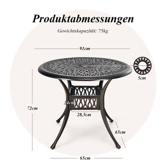 Ronde aluminium terrastafel met parasolgat, 90 cm