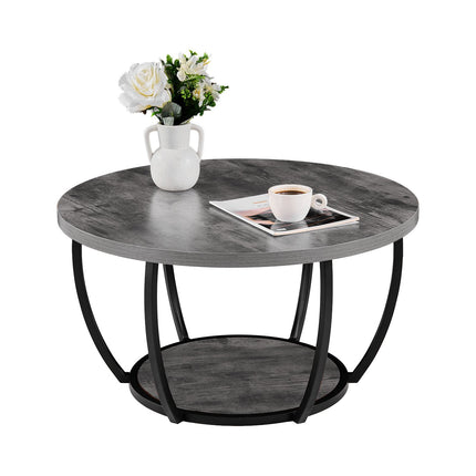 Round Coffee Table, 2-Tier Wood Top, Metal Frame, Grey